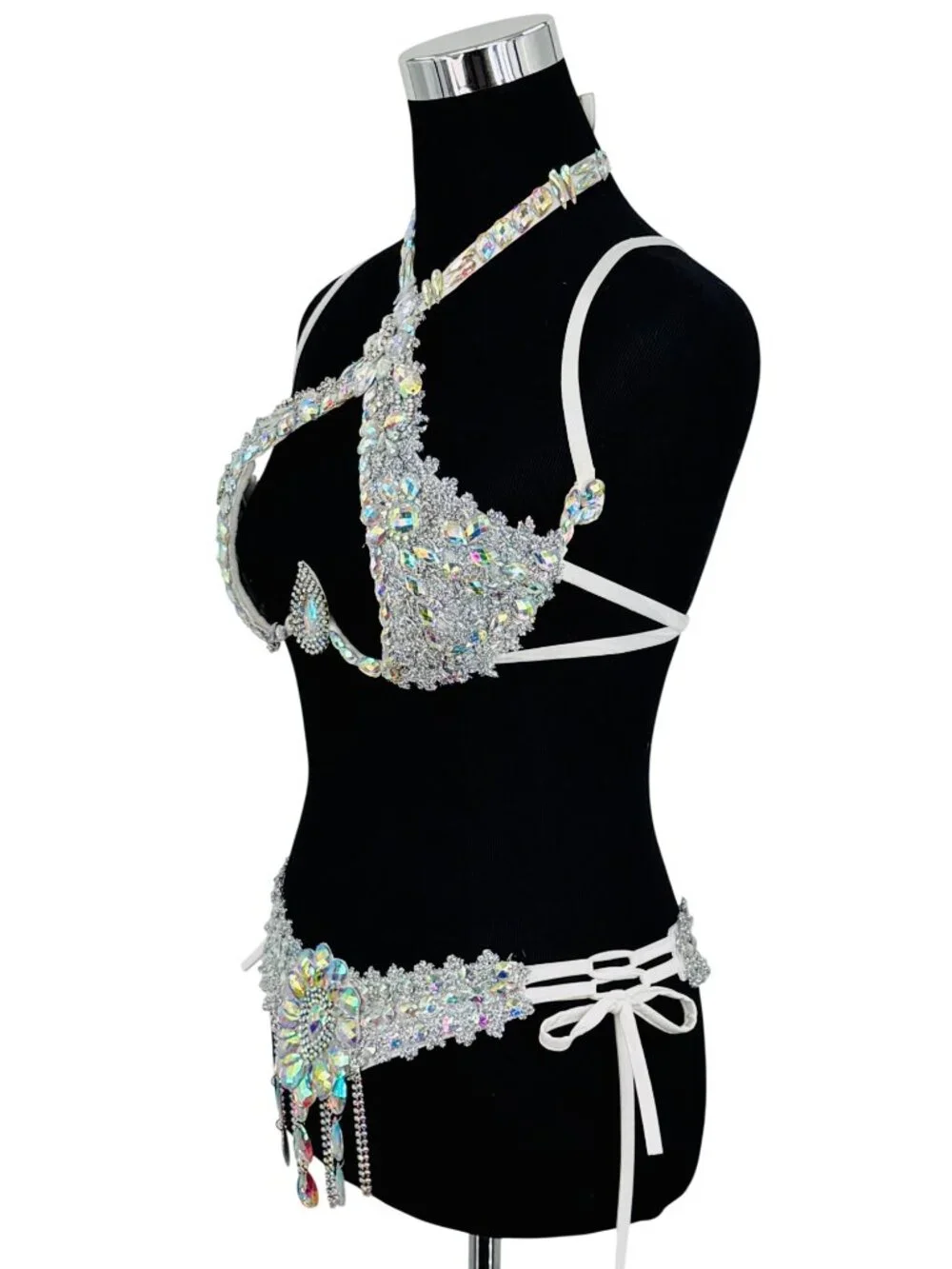 Silver Crystal Rhinestone Bra & Belt Set | Samba Coachella Rave Festival Dancer - Picture 6 of 13